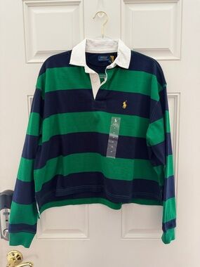 Ralph Lauren Green & Navy Striped Rugby with White Collar